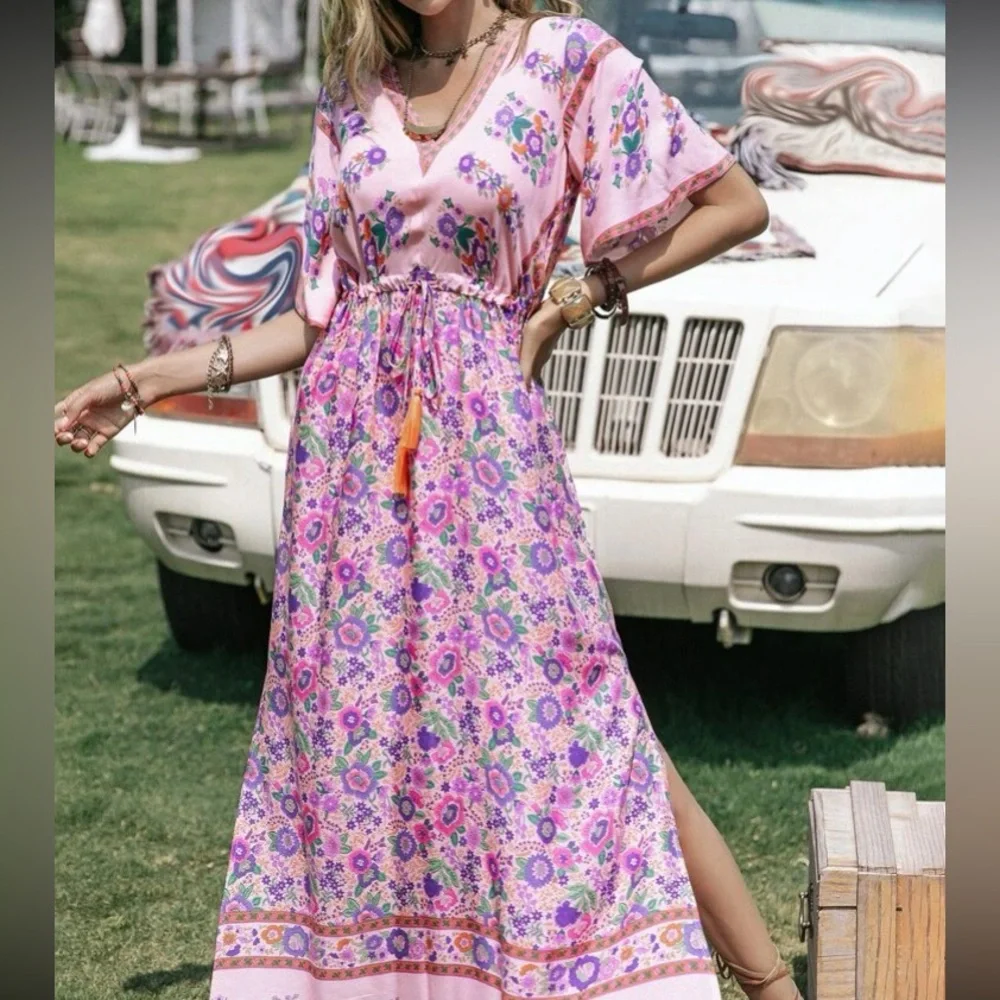 Boho floral print slit thigh drawstring waist maxi dress - Picture 4 of 6